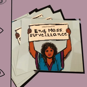 Image of an Equality Labs sticker showing a dark-skinned femme-presenting person holding a sign saying 'End mass surveillance'