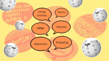 A series of word bubbles with the word ‘abortion’ in different languages sits above a yellow and orange background with abortion march badges from the UK