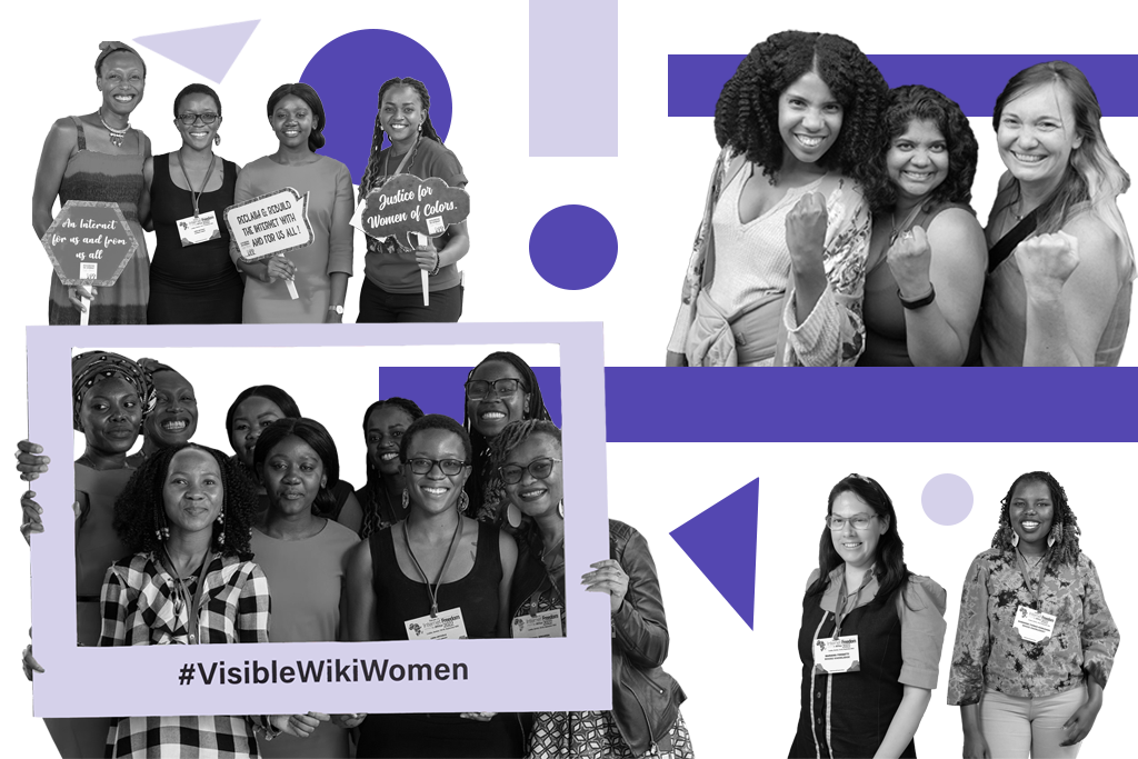 Collage containing Black and brown women and non-binary people in black and white; images from the Visible Wiki Women campaign 2022.