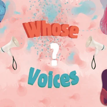 A light pink background with the duo-toned images of Language Justice podcast guests flanking the central text, which reads: 'Whose Voices?'