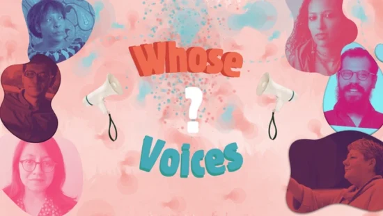 A light pink background with the duo-toned images of Language Justice podcast guests flanking the central text, which reads: 'Whose Voices?'